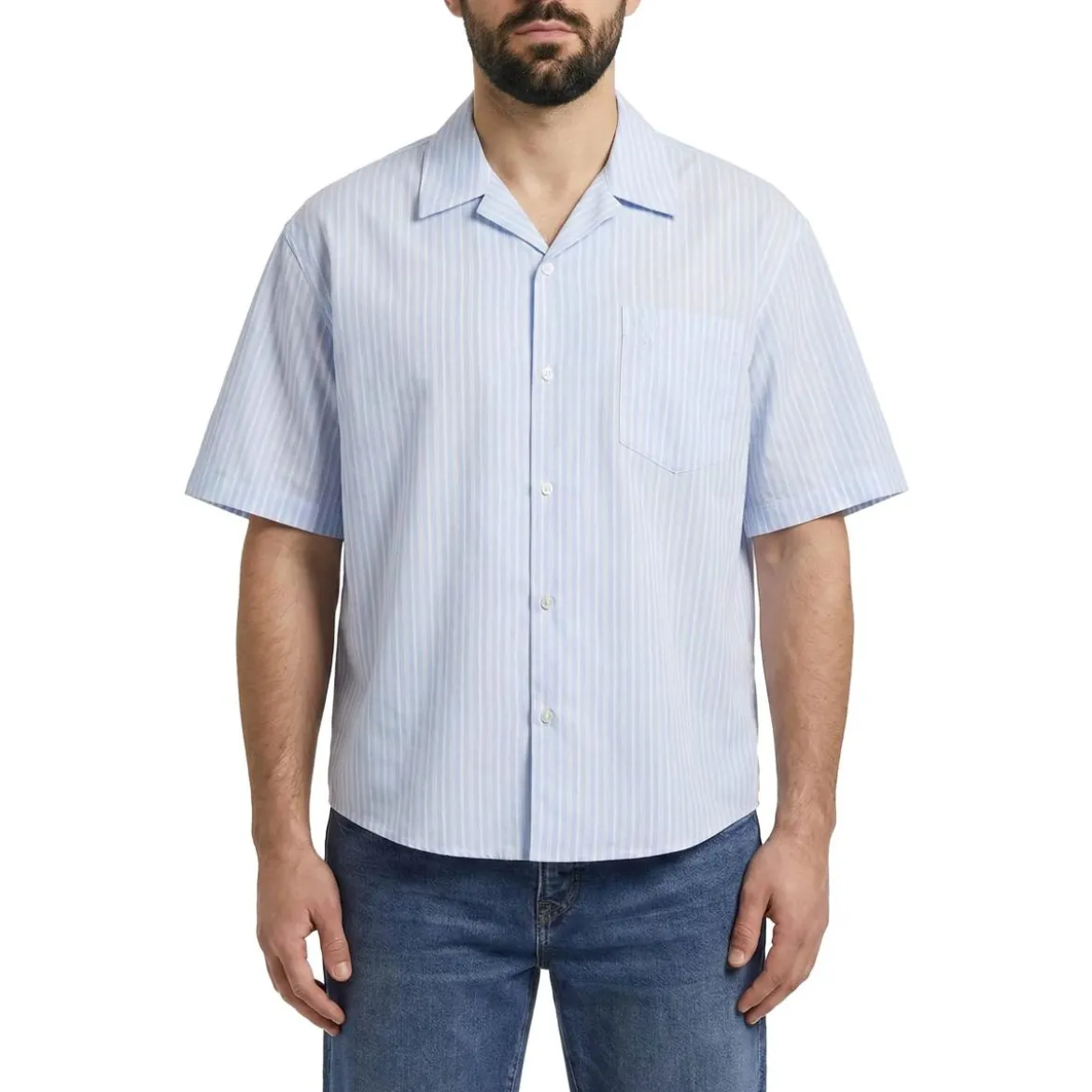 AMI Paris Light Blue Short-Sleeve Shirt With Pearl Accents Grey Hemd