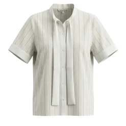 Helene Galwas Gestreifte Baumwollbluse mit Seidenschleifenkragen beige Bluse