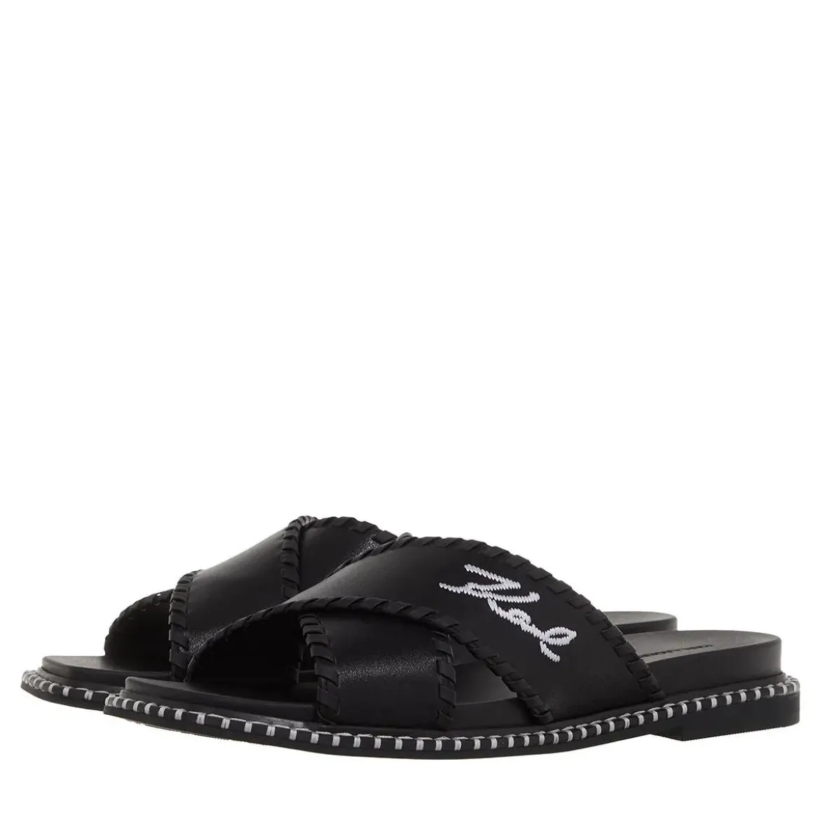 Karl Lagerfeld Kleo Whipstitch Krosstrap Black Lthr Slides