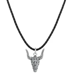 Kuzzoi Halskette Herren Lederkette Stierkopf Oxidiert 925 silber Lange Halskette