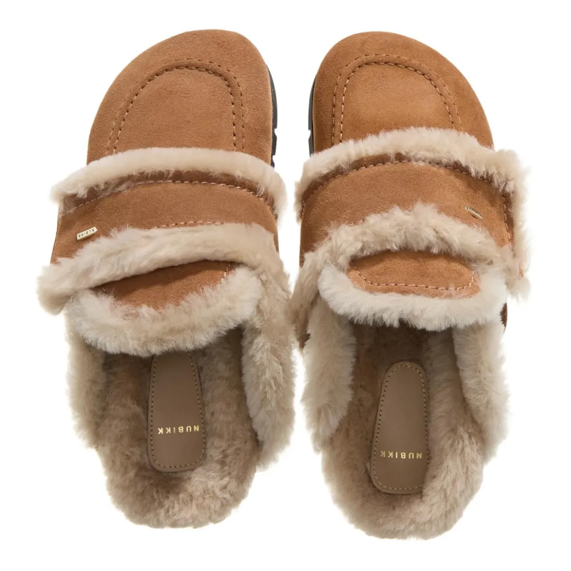 Nubikk Teddy Fur Studs (L) Cognac Suede Hausschuhe