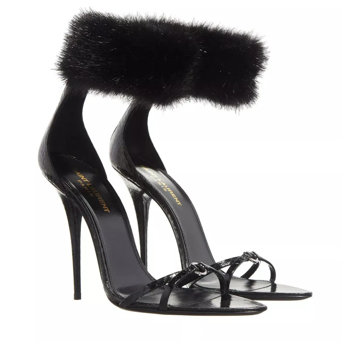 Saint Laurent Adorned With A Faux Fur Ankle Strap Black Riemchensandalen