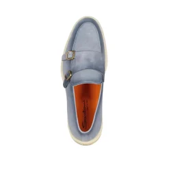 Santoni Doppel-Monkstraps aus Veloursleder Hellblau Schnürschuhe