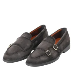 Santoni Doppel-Monkstraps aus Veloursleder grau Schnürschuhe