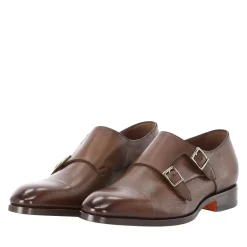 Santoni Doppel-Monkstraps aus Glattleder braun Schnürschuhe