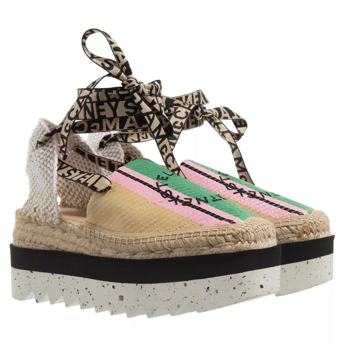 Stella McCartney Gaia Striped Raffia Platform Espadrilles Natural/Green Espadrilles