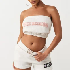 True Religion - Bandeau-Top- Puff-Print- Weiche Fleeceinnensei graubeige Top
