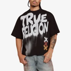 True Religion - Boxy T-Shirt- Rundhalsausschnitt- Markante Log schwarz T-Shirt