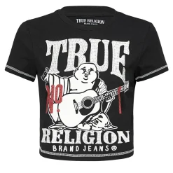 True Religion - Buddha-Print- Ziersteine auf Front- Kurzarm-schwarz T-Shirt