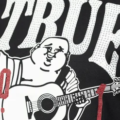True Religion - Buddha-Print- Ziersteine auf Front- Kurzarm-schwarz T-Shirt
