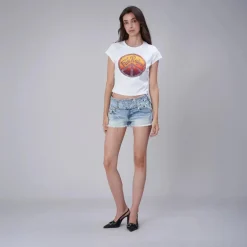 True Religion - Denim-Shorts- Mid-Rise- Ausgefranster Saum- K blau Jeansshorts