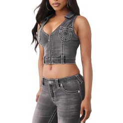 True Religion - Denim-Top- Tiefer Rundhalsausschnitt- Struktur schwarz Top