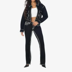 True Religion - Gerader Schnitt- Verkürzte Form- Weiße Ziernäh schwarz Jeansjacke