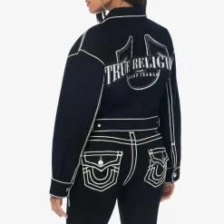 True Religion - Gerader Schnitt- Verkürzte Form- Weiße Ziernäh schwarz Jeansjacke