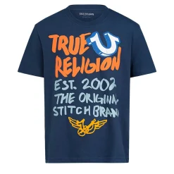 True Religion - Gerader Schnitt- Rundhals- Überschnittende Sch blau T-Shirt