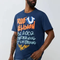 True Religion - Gerader Schnitt- Rundhals- Überschnittende Sch blau T-Shirt