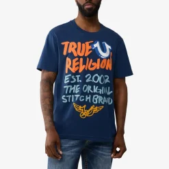 True Religion - Gerader Schnitt- Rundhals- Überschnittende Sch blau T-Shirt