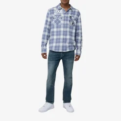 True Religion - Langarm- Flannellhemd- Knopfleiste- Karomuste blau Hemd