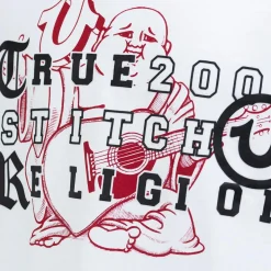 True Religion - T-Shirt- Übereinander angeordnete Logos auf Fro weiss T-Shirt