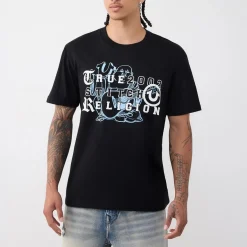True Religion - T-Shirt- Übereinander angeordnete Logos auf Fro schwarz T-Shirt