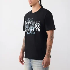 True Religion - T-Shirt- Übereinander angeordnete Logos auf Fro schwarz T-Shirt