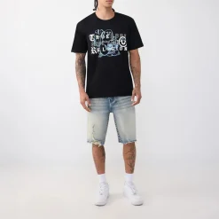True Religion - T-Shirt- Übereinander angeordnete Logos auf Fro schwarz T-Shirt