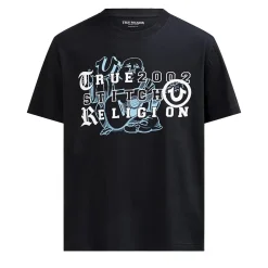 True Religion - T-Shirt- Übereinander angeordnete Logos auf Fro schwarz T-Shirt