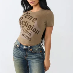 True Religion - T-Shirt- Figurbetont- Print auf Front- Zierst hell-braun T-Shirt