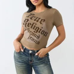 True Religion - T-Shirt- Figurbetont- Print auf Front- Zierst hell-braun T-Shirt