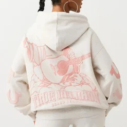 True Religion - Zip-Hoodie- Lockere Passform- Puff-Print- Übe graubeige Blouson