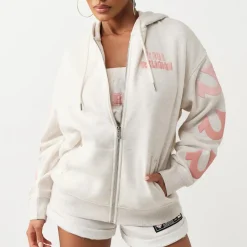 True Religion - Zip-Hoodie- Lockere Passform- Puff-Print- Übe graubeige Blouson