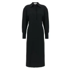 Victoria Beckham Long Sleeve Polo Collar Midi' Dress Schwarz Midikleid
