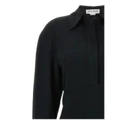 Victoria Beckham Long Sleeve Polo Collar Midi' Dress Schwarz Midikleid